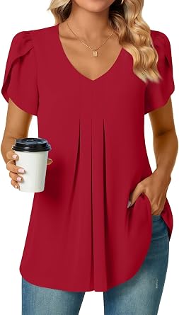 Bestbee Womens Chiffon Blouses Dressy Casual Tops Summer Tunics V Neck Business Short Sleeve Shirts