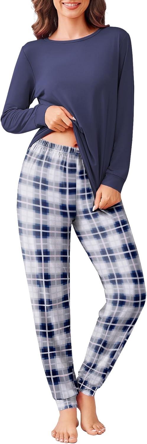 Ekouaer Damespyjama, zachte pyjamasets, top met lange mouwen en geruite pyjamabroek met manchetten en zakken, loungewear sets S-XXL, 5-roze, M Ekouaer Damespyjama, zachte pyjamasets, top met lange mouwen en geruite pyjamabroek met manchetten en zakken, loungewear sets S-XXL, 5-roze, M