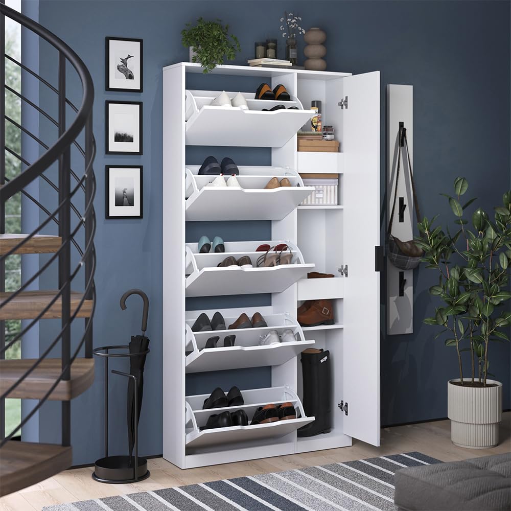 Vicco Zapatera abatible Luca, Blanco, 90 x 180.5 cm con 5 compartimentos basculantes y espejo