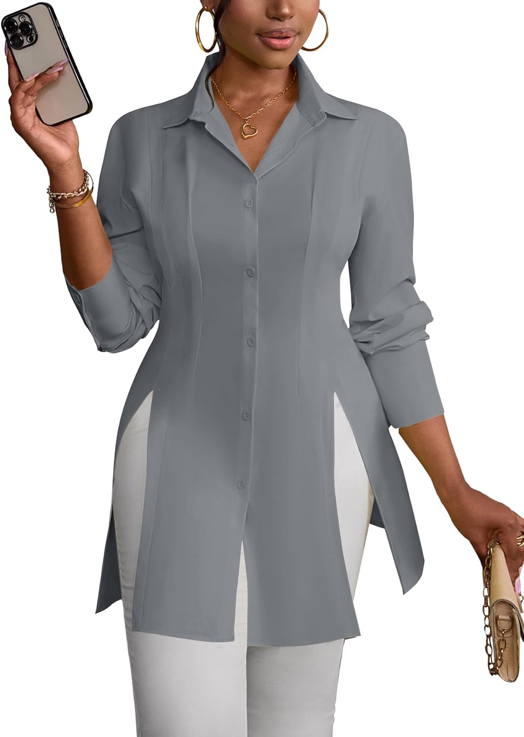 LYANER Women's Button Down Shirt Dress Collar V Neck Long Sleeve Slit Sexy Shirt Dresses - Image 5