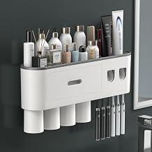 Bathroom Toothbrush Holder With Dual Automatic Toothpaste Dispenser Squeeze Kit, 2/3/4/5 Cup Wall Mounted Toothbrush Holder, 6 Brush Slots, Large Capacity Tray, Cosmetic Drawer,4cups