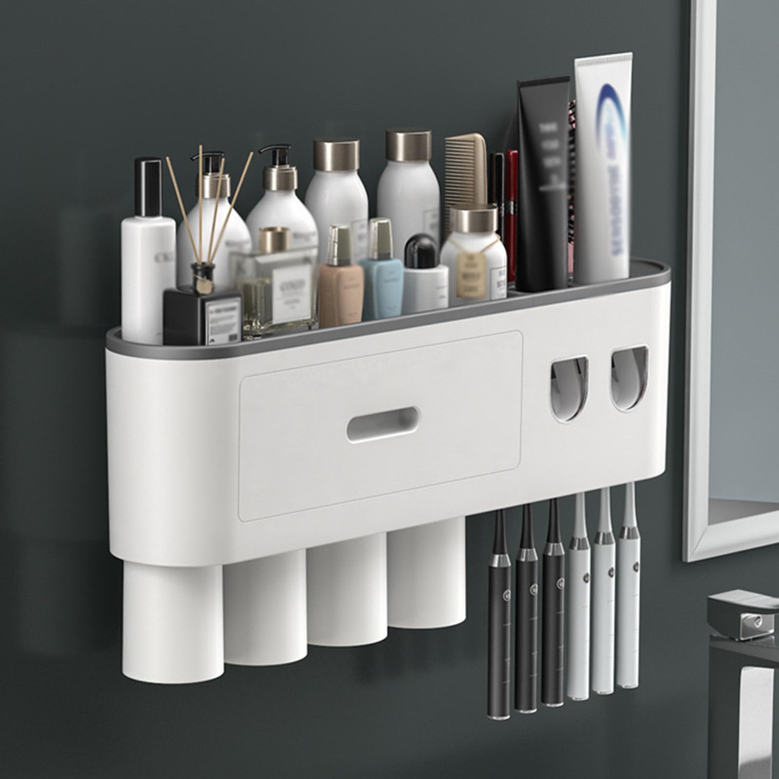 Soporte para Cepillo De Dientes De BañO con Dispensador AutomáTico Doble De Pasta De Dientes, Soporte para Cepillo De Dientes Montado En La Pared para 2/3/4/5 Tazas, 6 Ranuras para Cepillos,4cups