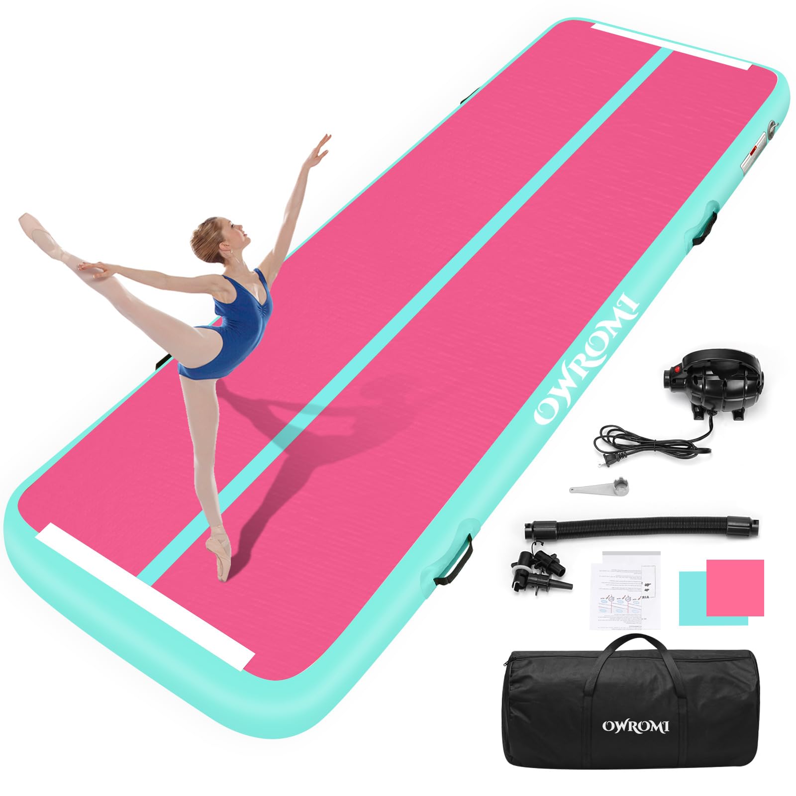 OWROMI Inflatable Tumble Track Gymnastic Mat 6.6ft 10ft 13ft 16ft 4/8 Inch Thickness Mats with Air Pump for GYM/Yoga/Dance/Water Fun