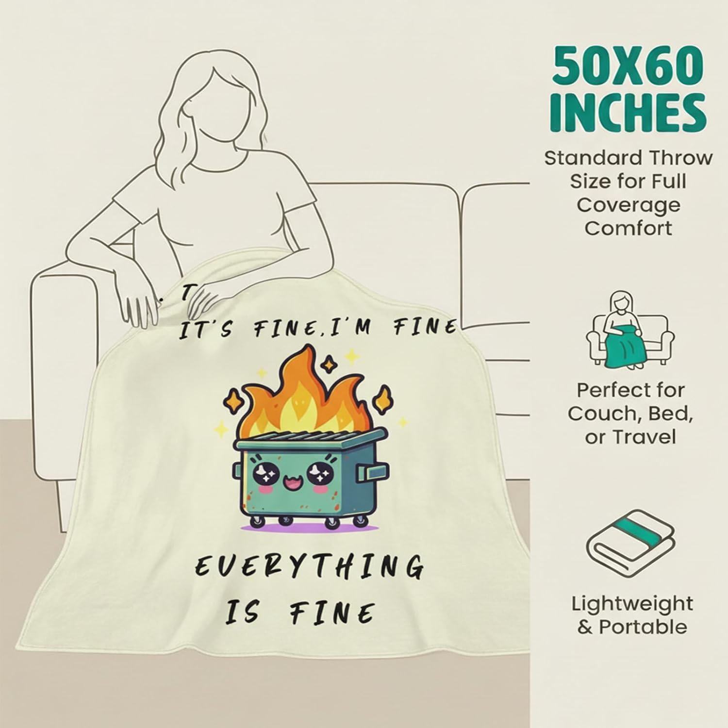 Funny Emotional Support Dumpster Fire Office Chair Blanket Funny Office Gifts for Coworkers Boss It's Fine I'm Fine Everything is Fine Beige Fun Soft Throw Blanket 60"X50" - Image 3