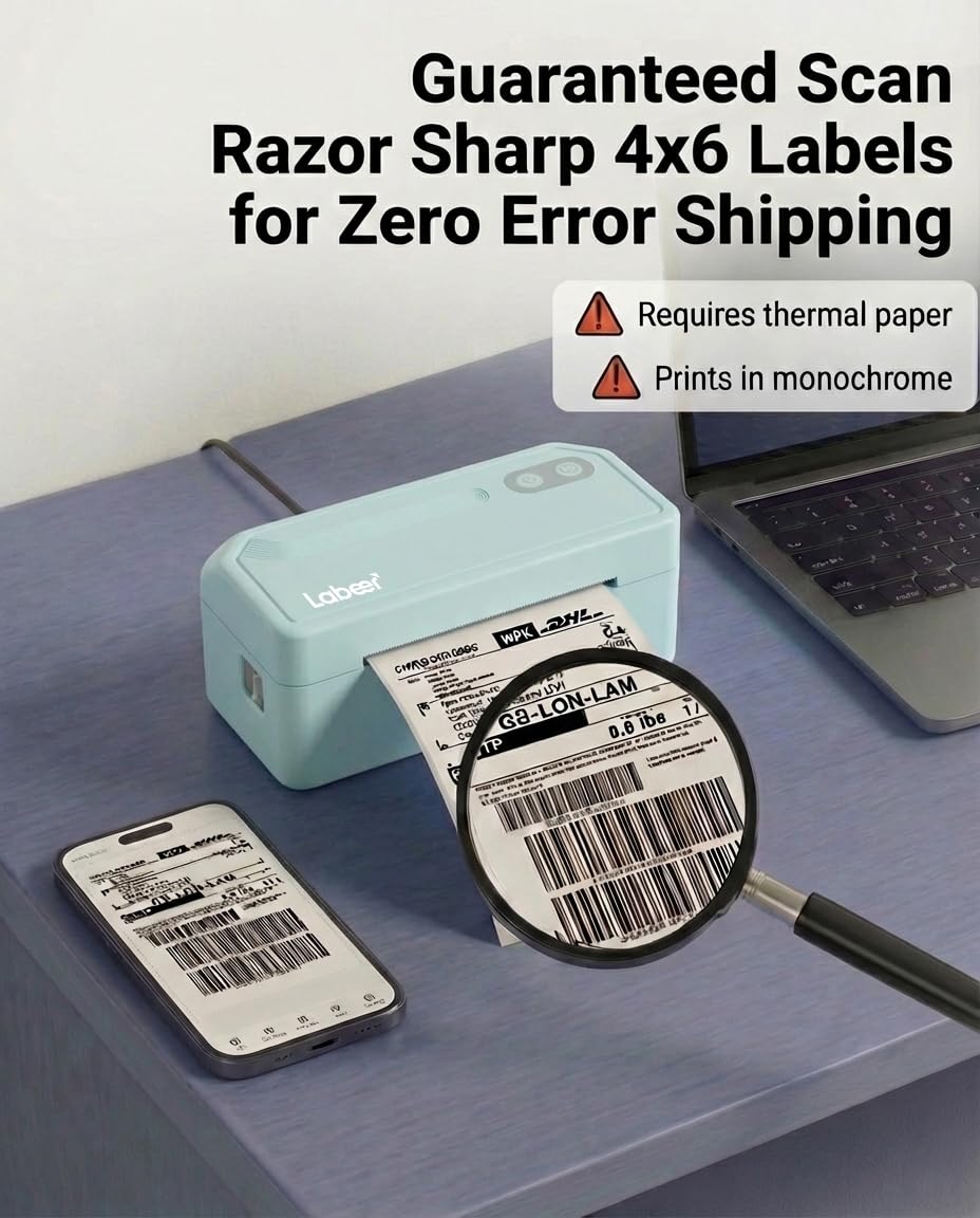 Labeer - Termiczna drukarka etykiet Bluetooth, bezprzewodowa drukarka etykiet 4x6 do paczek wysyłkowych, małych firm lub domu, kompatybilna z Windows/Mac/iPhone/Amazon/Ebay
