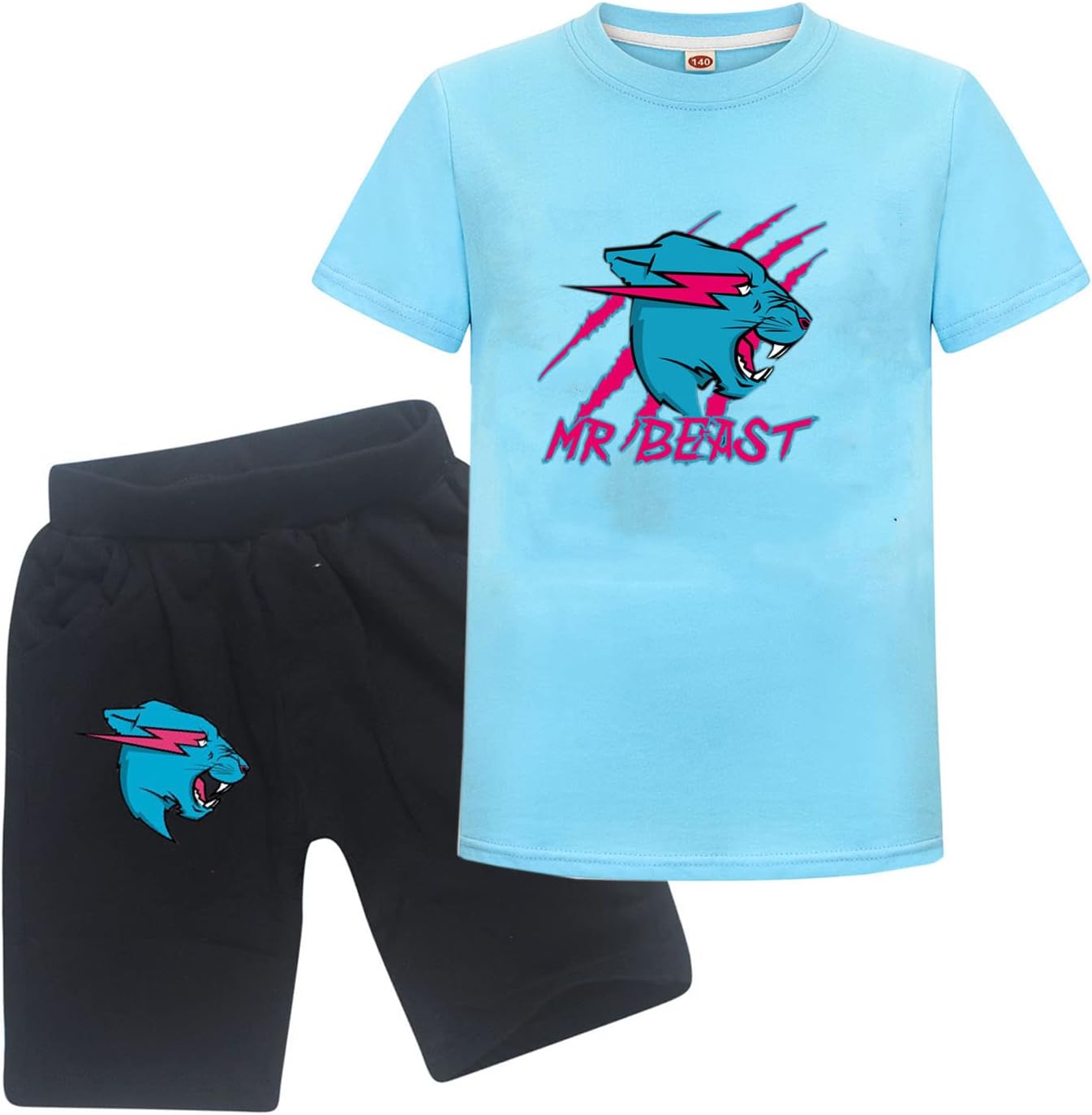 SharkBebeBoys Mr-Beast Tee Shirt Short-Sleeved Youth Cool Top Tee Girls Casual Black Red Lightning Cat T-Shirt For Kids Clothes Set