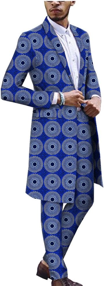 African Men Clothing One Button Slim Fit Suit Print Long Jacket Coats+Pants Set Dashiki Outfit