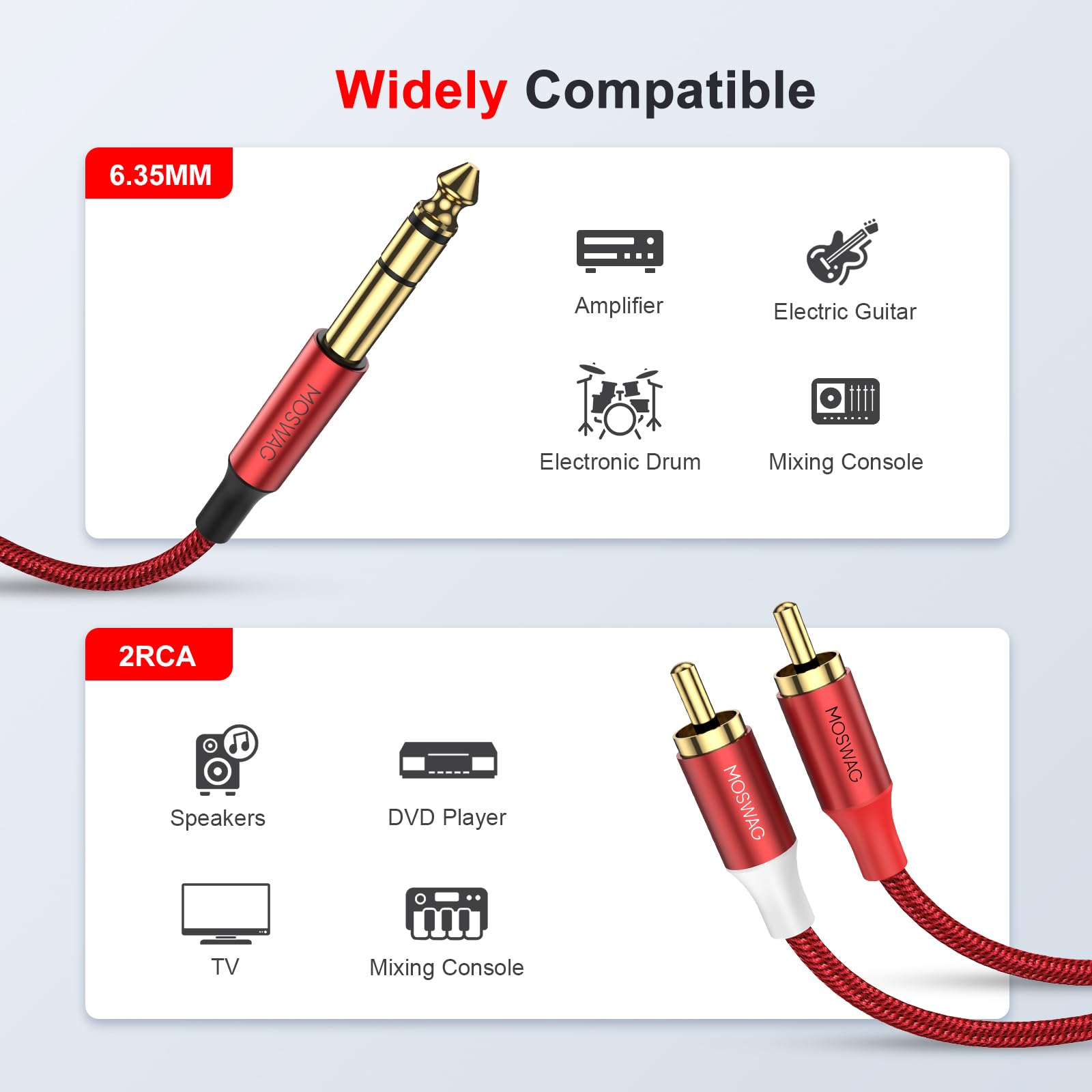 MOSWAG 1/4 to RCA Cable, 1/4" TRS to RCA Audio Cable 6.35mm Stereo Jack to Dual RCA Insert Cable Y Splitter Cable