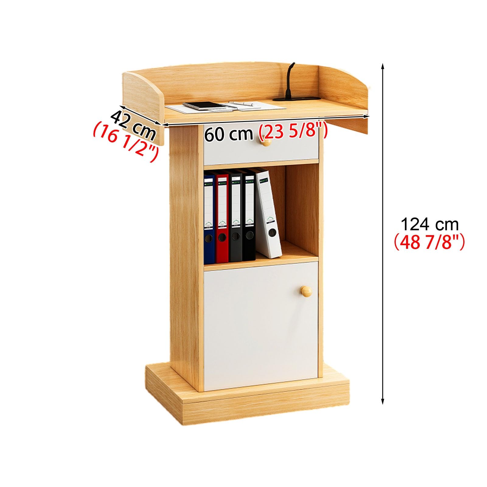Genérico Atrile Profesional con Armario y cajón, Ideal para conferencias, presentaciones públicas, congresos y Eventos. Soporte de Roble Oscuro para Profesores y Present