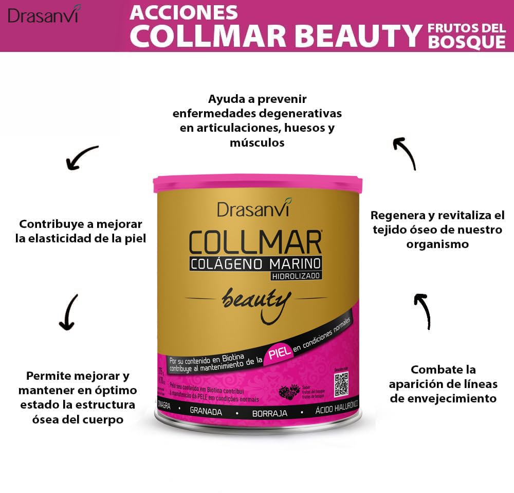 DRASANVI COLLMAR BEAUTY COLAGENO MARINO PARA LA PIEL, Colageno Hidrolizado con Vitamina C Natural, Biotina y Acido Hialuronico, Piel Bonita e Hidratada, Sabor Frutos del Bosque, 275 GR
