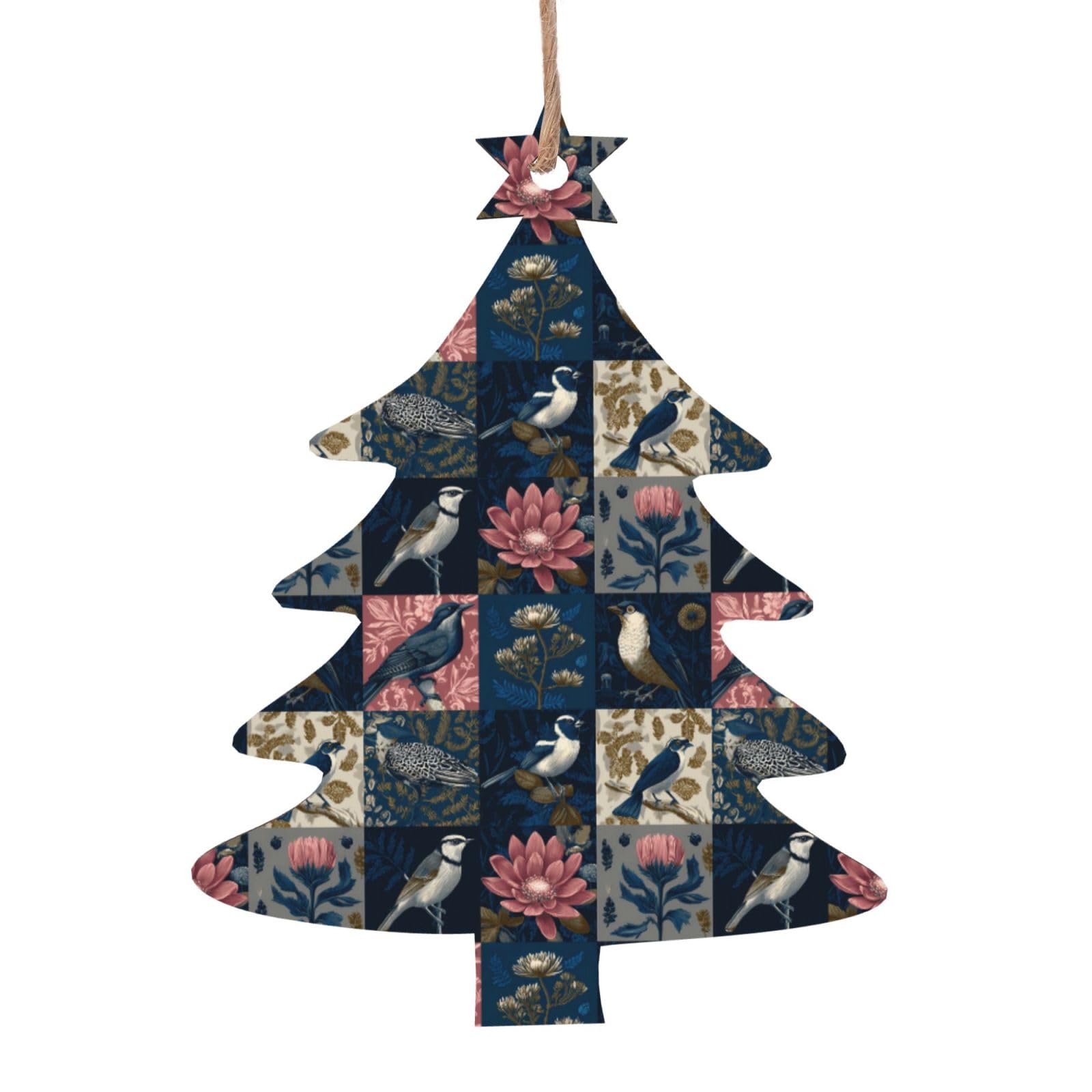 Skandinavische Weihnachts-Holzornamente mit Vogel- und Blumenmuster, 4 Stück, Set mit 6 natürlichen Holzdesigns für gemütlichen, rustikalen Weihnachtsbaum und Zuhause