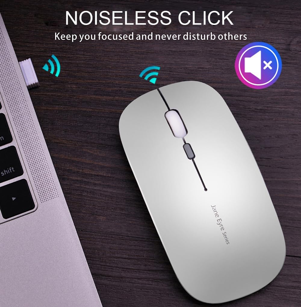 Uciefy Q5 mouse on a desk next to a laptop, illustrating silent click feature