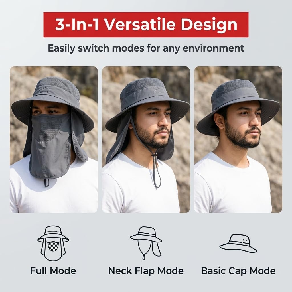 Gustave Sun Protection Cap Wide-Brim Quick-Dry Removable Flap Hat Grey 4