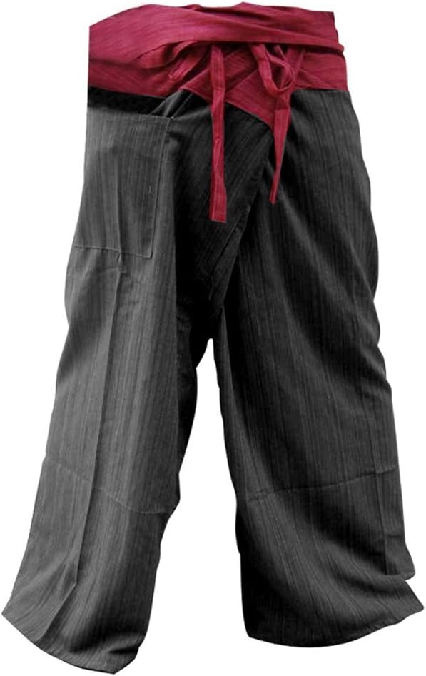 Thaimart Fisherman PantsNice 2 TONE Thai Fisherman Pants YogaTrousers FREE SIZE Plus Size Cotton Drill Striped Rustic Red and Charcoal