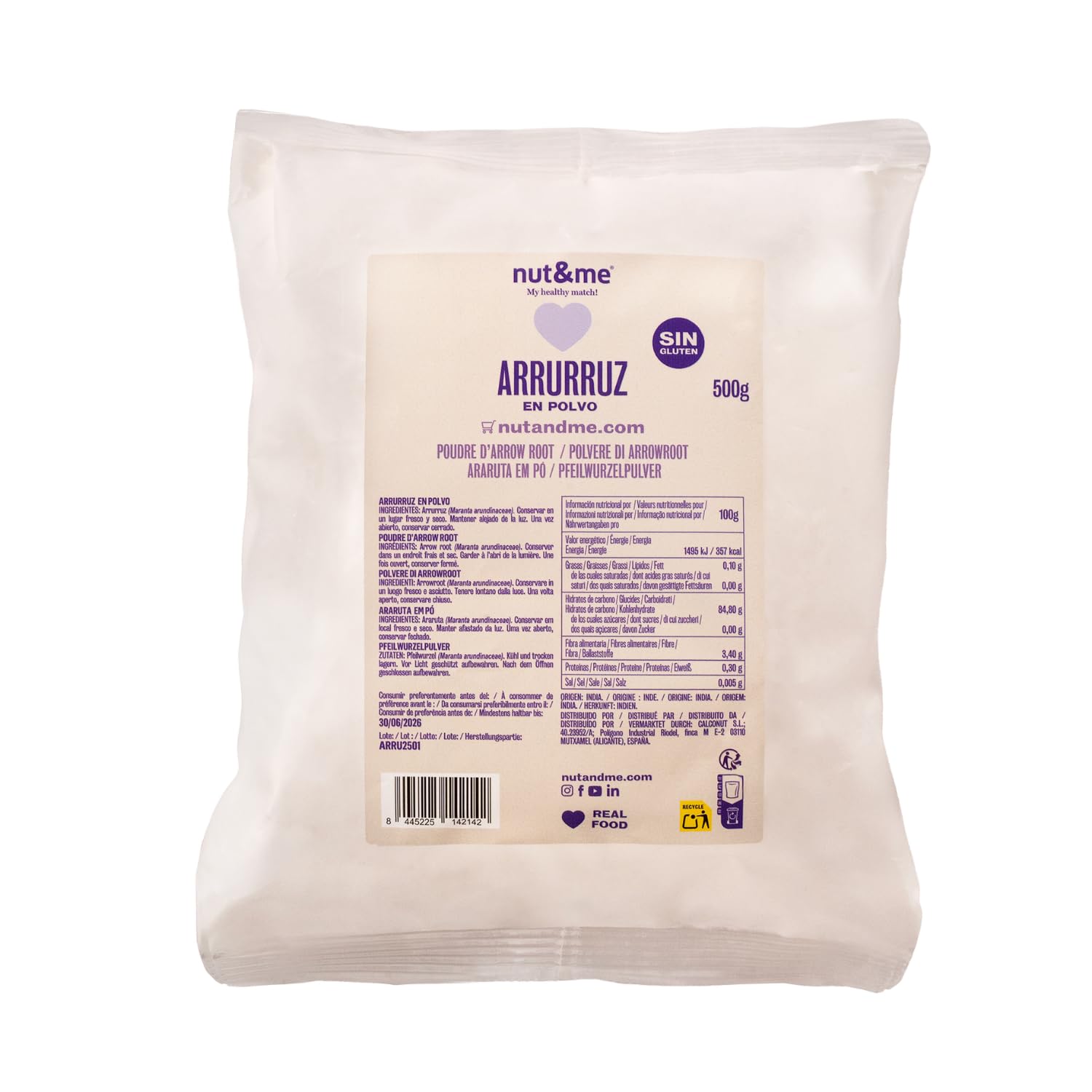 Poudre d'arrow-root 500 g nut&me | Keto | Epaississant neutre | Sans additifs | Sans OGM | Idéal pour la pâtisserie et la cuisine | Naturelle