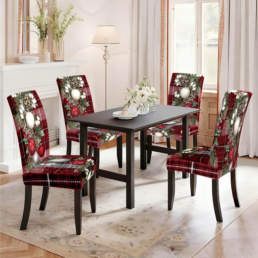 Image of Buffalo Plaid Christmas Chair Covers Set of 4, Stretch Slipcovers
