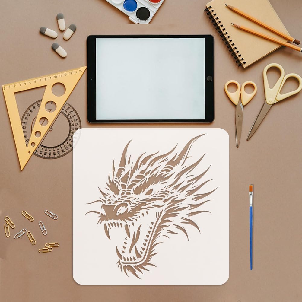 FINGERINSPIRE Dragon Stencil with Paintbrush 11.8x11.8 inch Reusable Dragon Head Stencil Flexible Plastic DIY Craft Stencils for Painting on Wood, Floor, Wall, Tile, Furniture, Home Decor