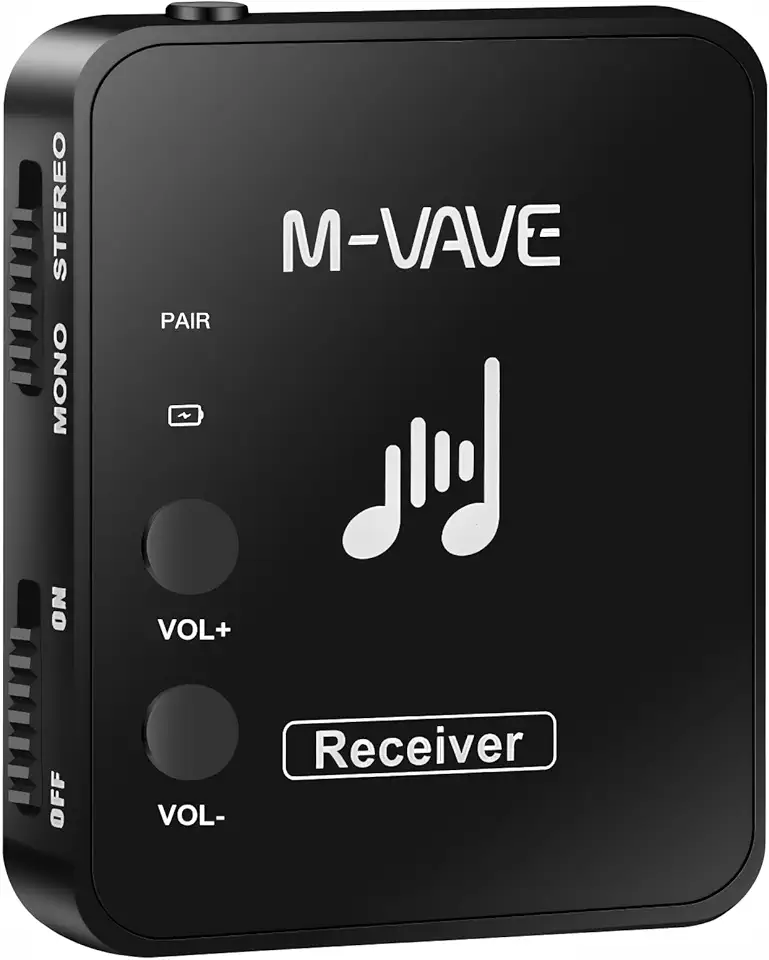 M-VAVE Receptor de Áudio Sem Fio para Monitor de Ouvido Profissional, Transmissão 2.4GHz Som sem Perdas 24bit/48KHz, Alcance de 30 Metros, Bateria de 7 Horas, Modo Mono/Stereo, Controle de Volume