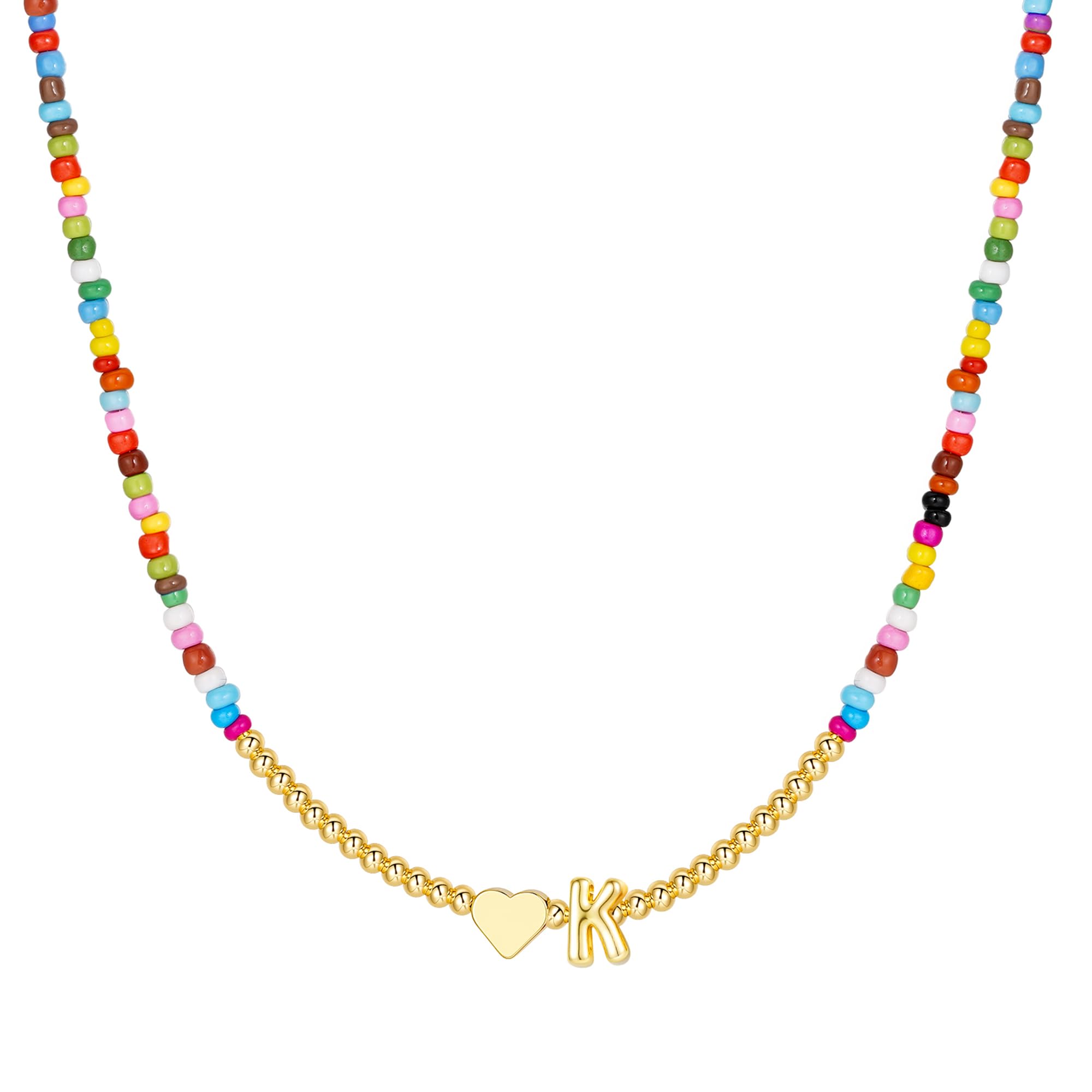 M MOOHAM Valentines Gifts for Kids - Heart Initial Necklaces Girls Women Colorful Beaded Tiny Heart Initial Necklace Choker Letter Necklace Jewelry
