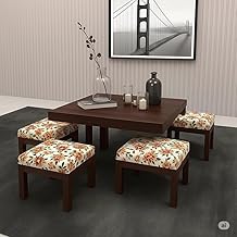 KENDALWOOD™ Furniture Sheesham Wood Coffee Table | Center Table with 4 Stool - (Finish Color :- Walnut Finish with Flower Printed Cushions)