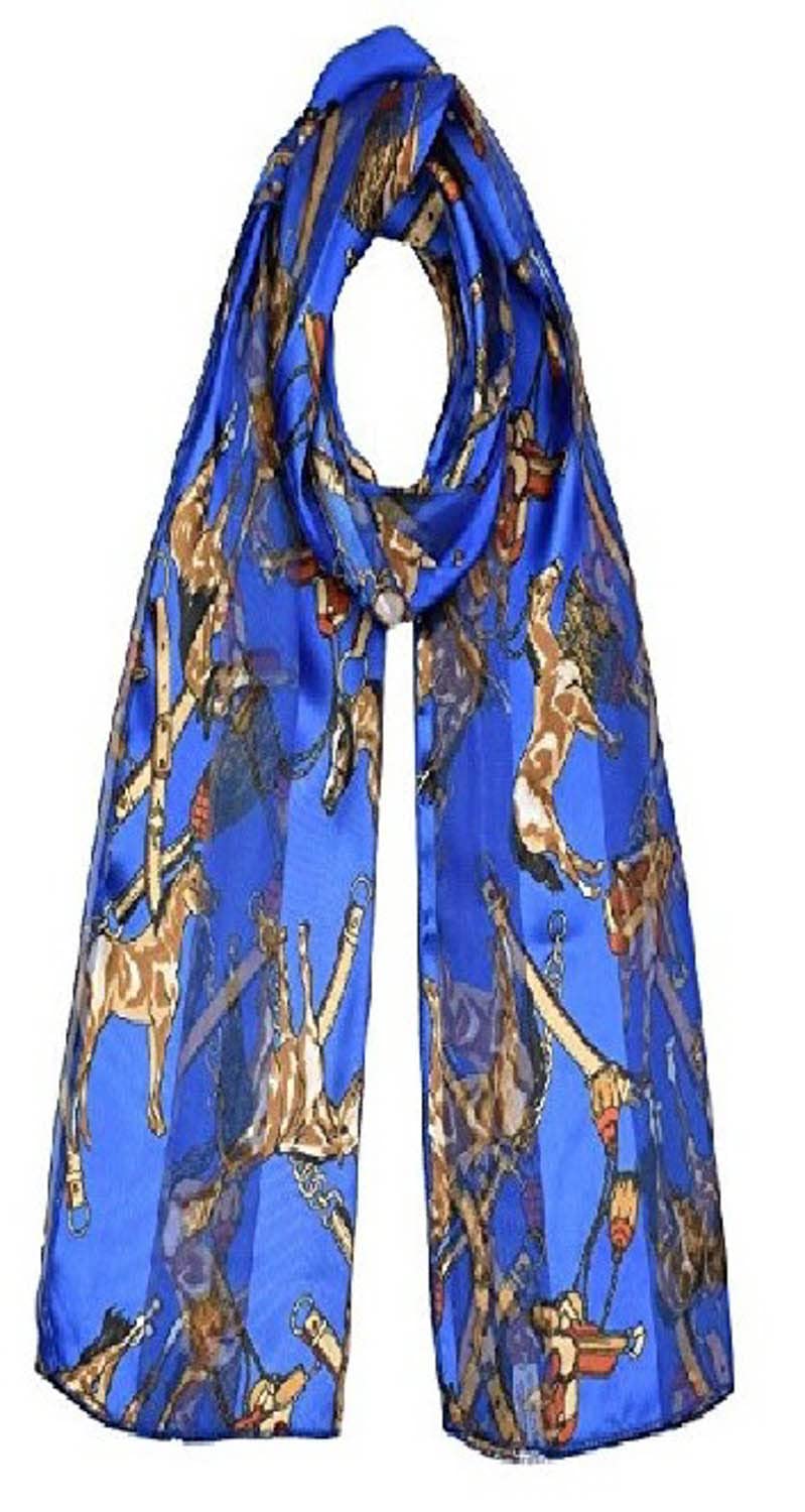 Mytoptrendz Women's Blue/ Equestrian Horse Mytoptrendz® Horse Printed Scarf Chiffon Satin Striped Lightweight Neck Wrap Soft ( Horse Equestrian Saddle)