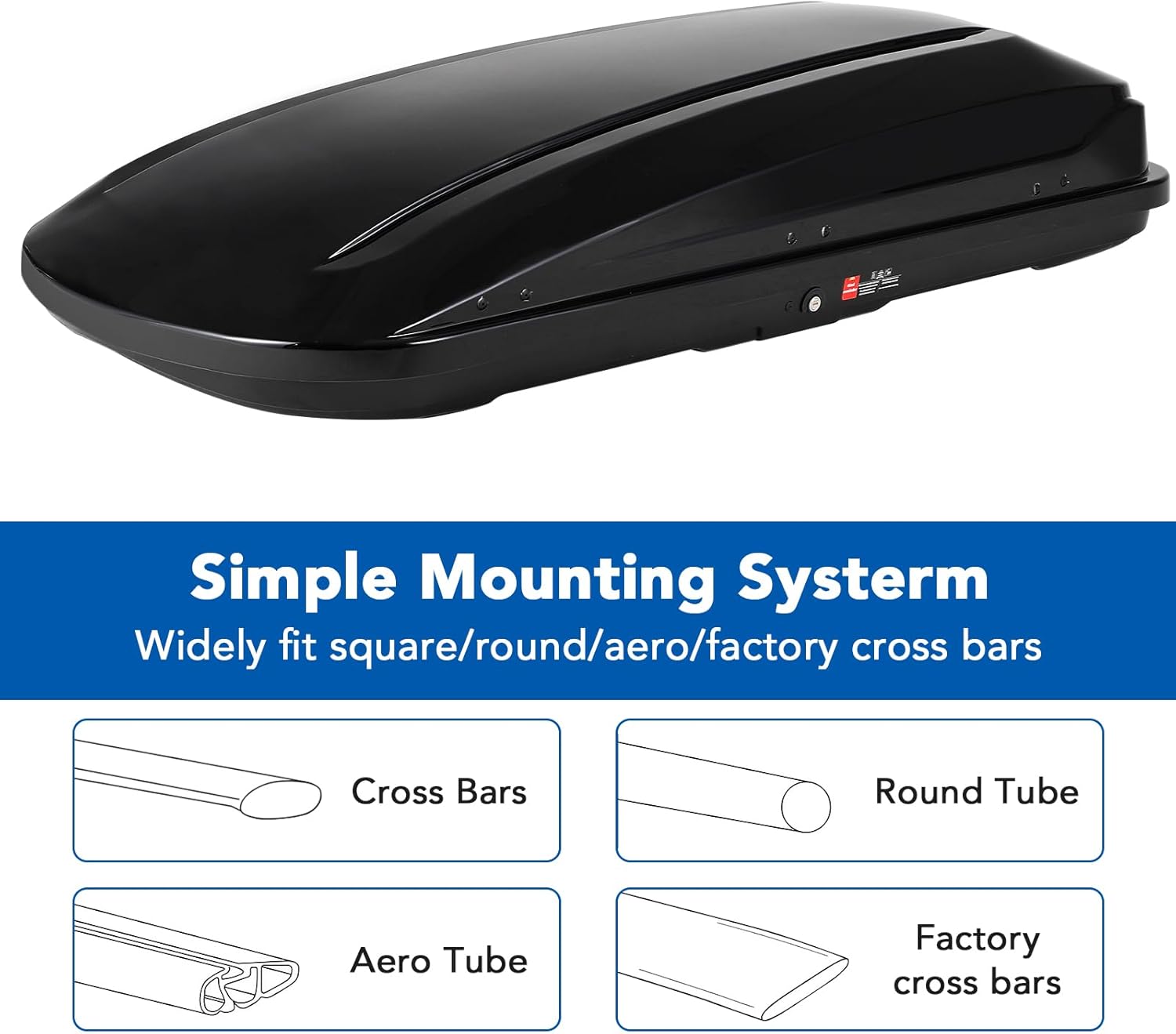 Image illustrating different types of crossbars compatible with the cargo box: square, round, aero, and factory cross bars.