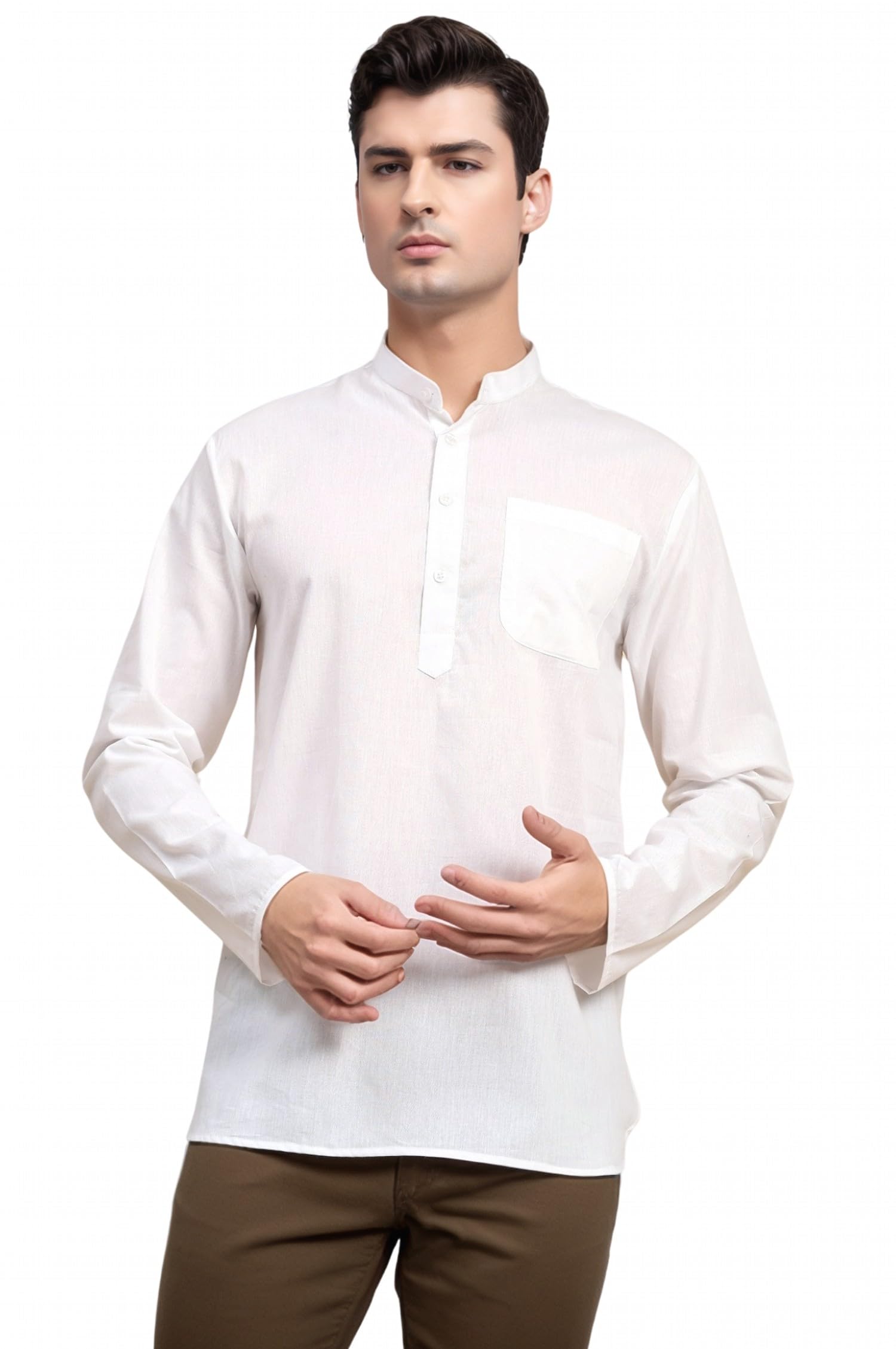 SKAVIJ Men's Pure Cotton Henley Shirt Long Sleeves Band Collar Casual T-Shirts