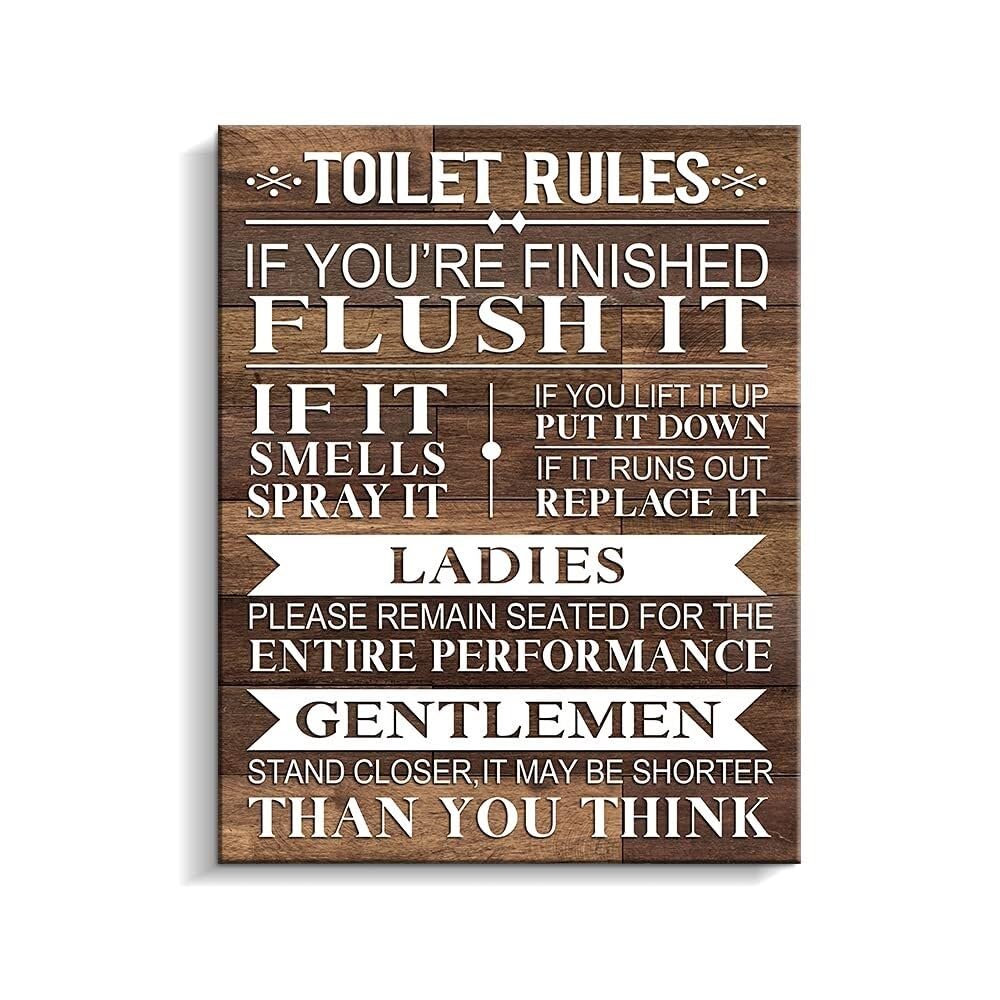 AHNEUUOY Farmhouse Bathroom Rules Canvas Print - Humorous Rustic Wall-Art for Restroom Decor(Unframed,08x12inch(20x30cm))