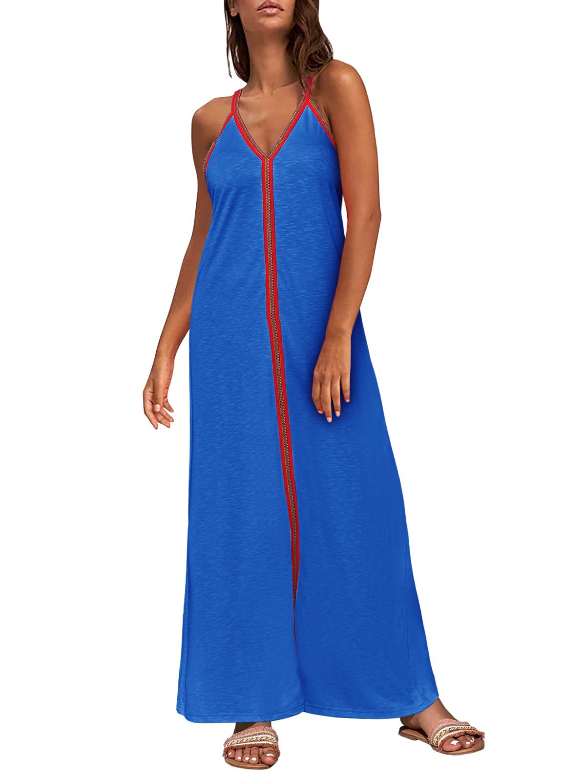 SaodimallsuWomens Summer V Neck Maxi Dresses Casual Sleeveless Spaghetti  Strap Color Block Beach Cover Up Long Dress