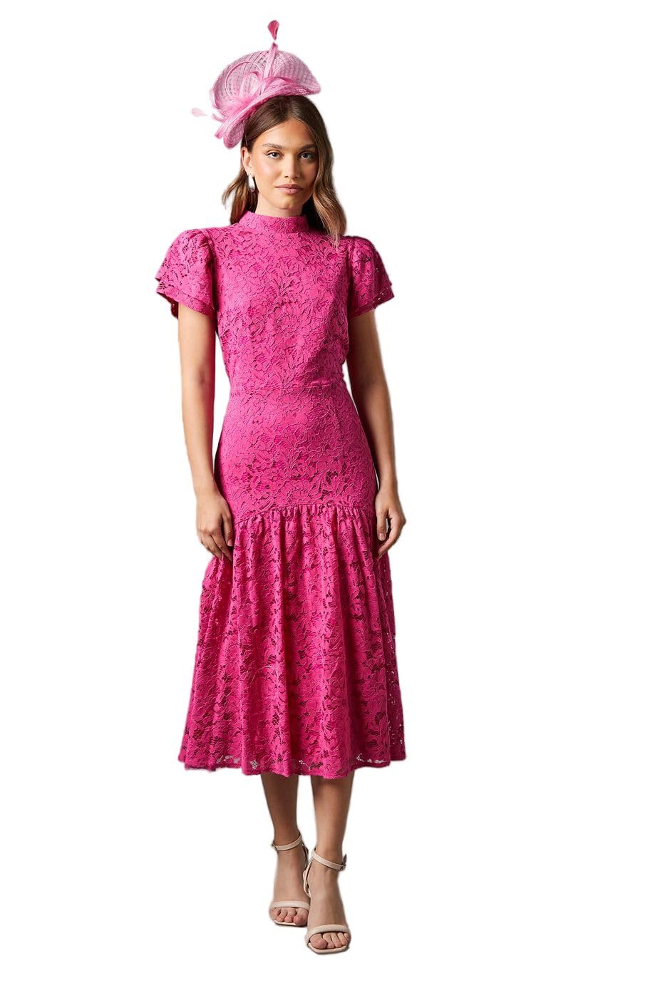 Coast Lace Frill Sleeve High Neck Midi Dress, 14, Pink