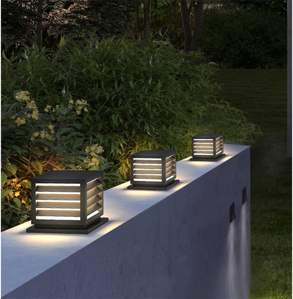 Modern Fashionable Pillar Lights Black Square Stainless Steel Post Light Fixtures Minimalist Exterior Landscape Lighting Unique Column Light for Top Wall Fence Driveway Garden Patio Path