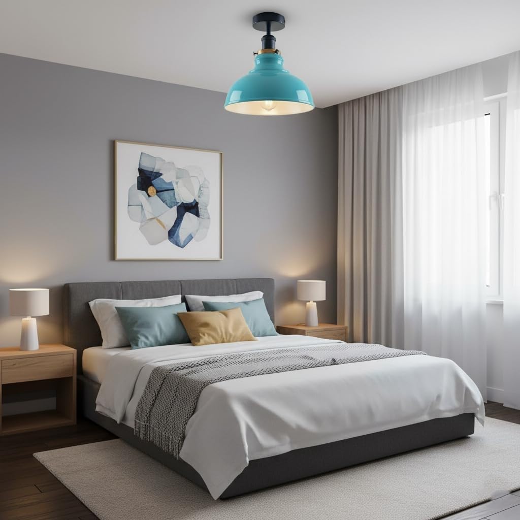 Semi Flush Mount Ceiling Light Fixture, Farmhouse Light Fixtures, Indoor Ceiling Pendant Light, 1-Light , 11.4" Dome Shade Ceiling Light for Porch, Entryway, Hallway, Foyer, and Gazebo (Blue)