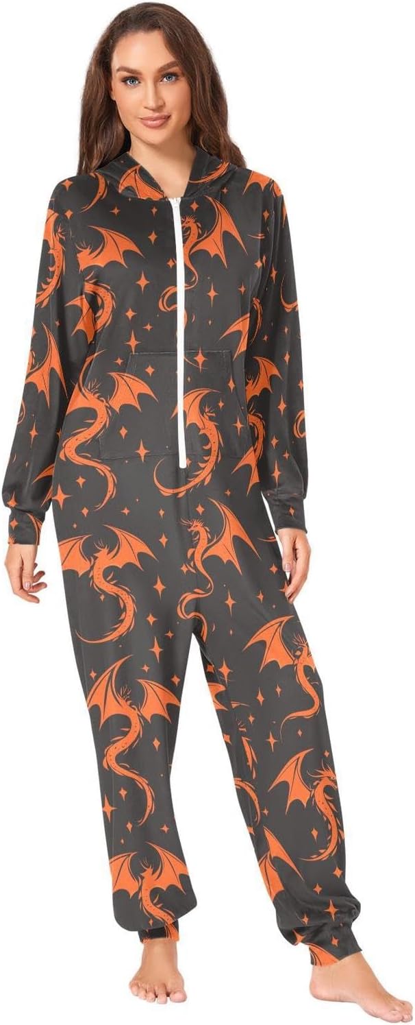 ZZKKO Silhouette Flying Fire Dragon Star Adult Onesie Pajamas for Women Men Cozy One Piece Pajamas Costume Zip-Up Hooded