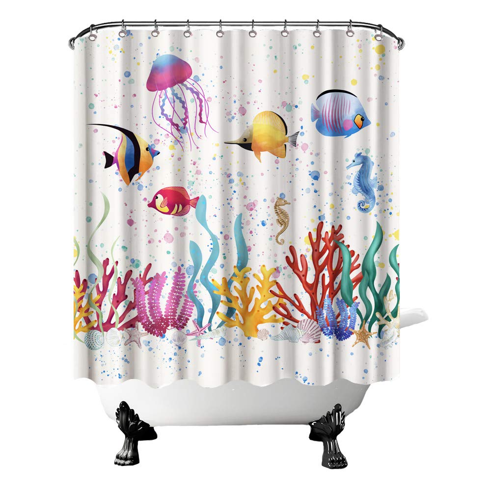 Sea Animal Shower Curtain Fish Seaweed Seahorse Corals Algae Jellyfish Bubbles Ocean Life Summertime Bath Curtain Fabric Bathroom Decor Hooks Included 72"X72" Pale Yellow
