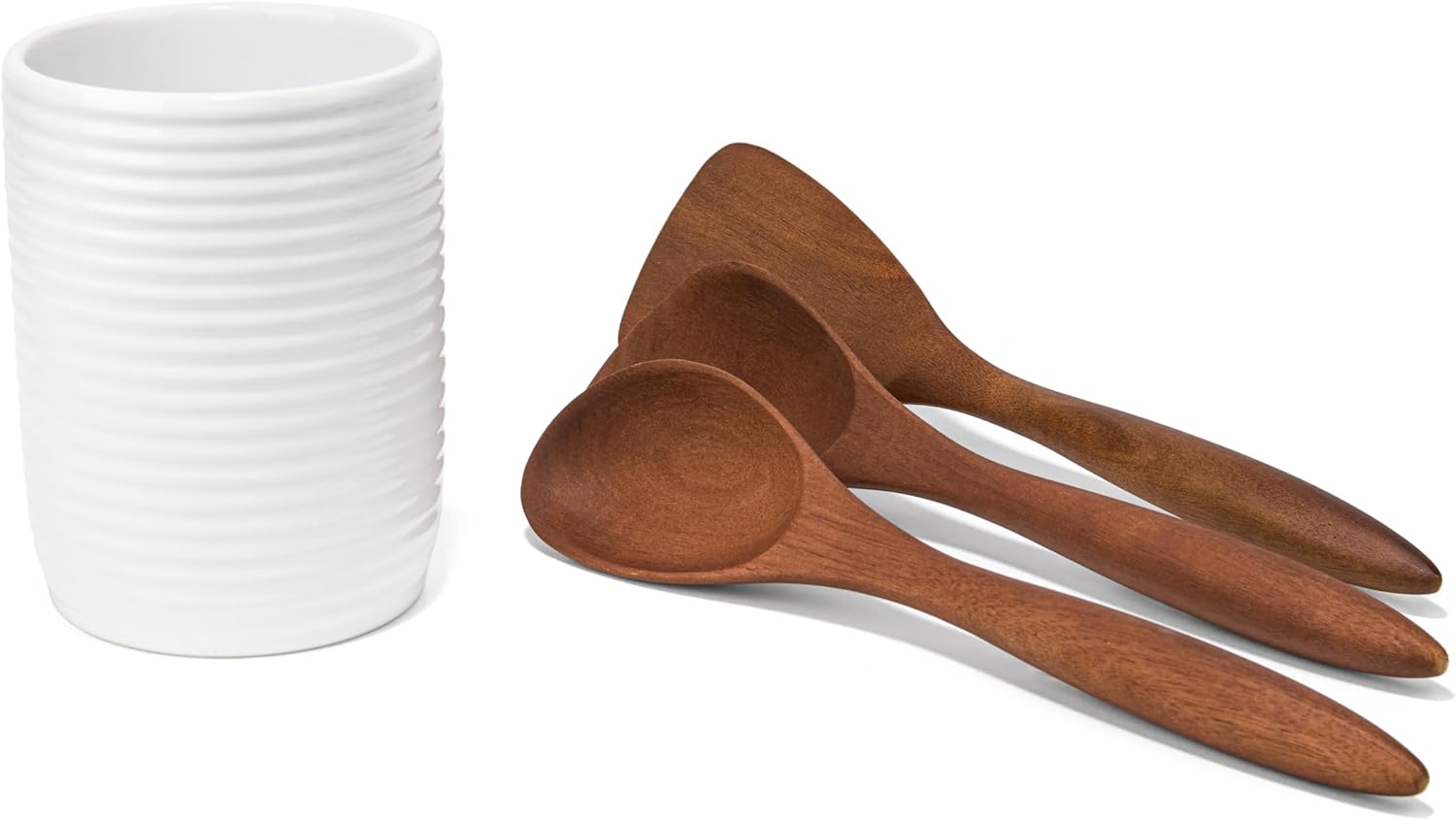 Nambe x Tom Papa Breaking Bread Canister with Acacia Wood Utensils - Contemporary Stoneware Kitchen Tool Holder, Includes Round Spoon, Flat Spoon & Spatula - Modern Baking & Cooking Tools