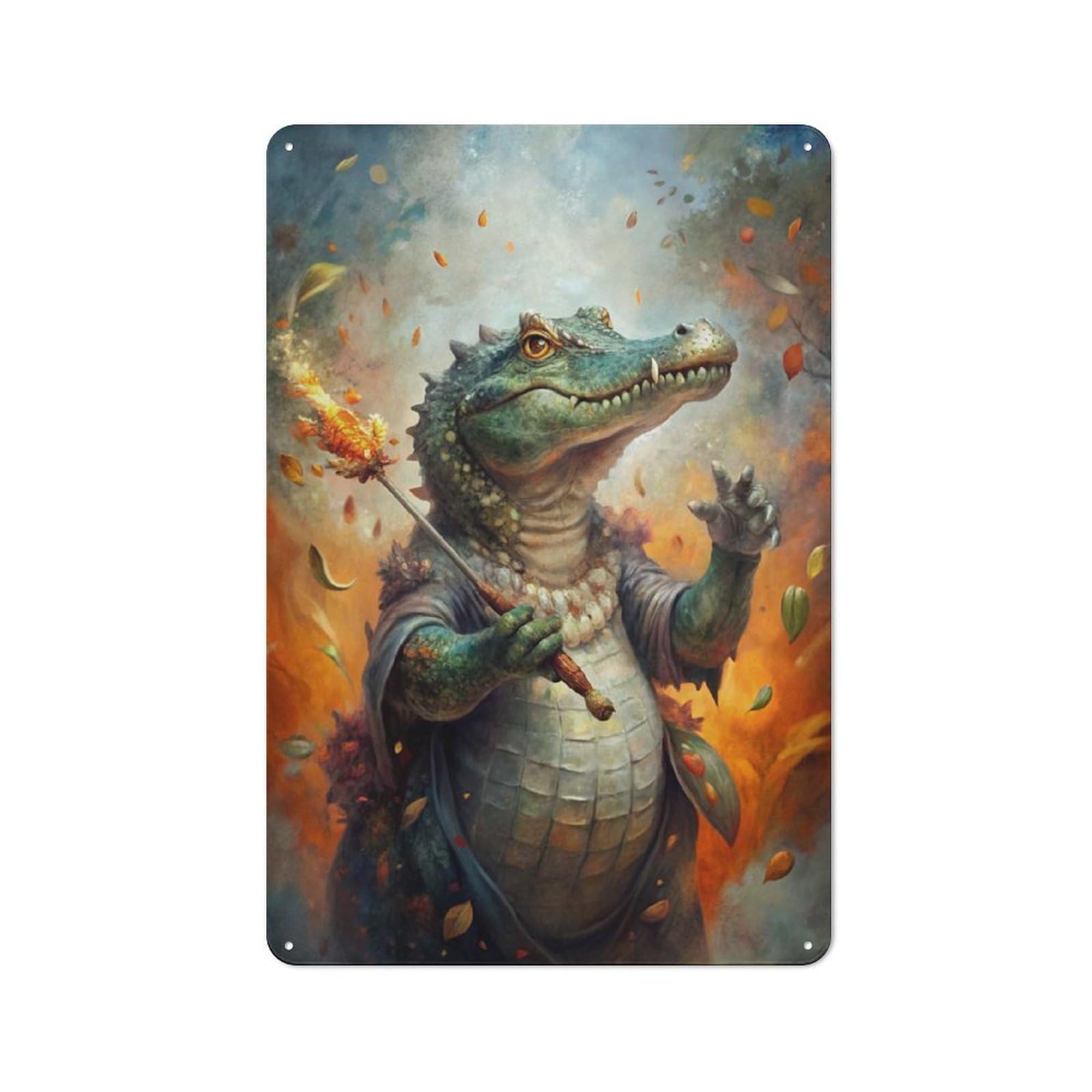 Junmoney Style-8 Tin Wall Plaque 30X20cm With Alligator Wizard With Fire Staff For Café Or Restaurant, Housewarming Present For People Styling Café And Restaurant