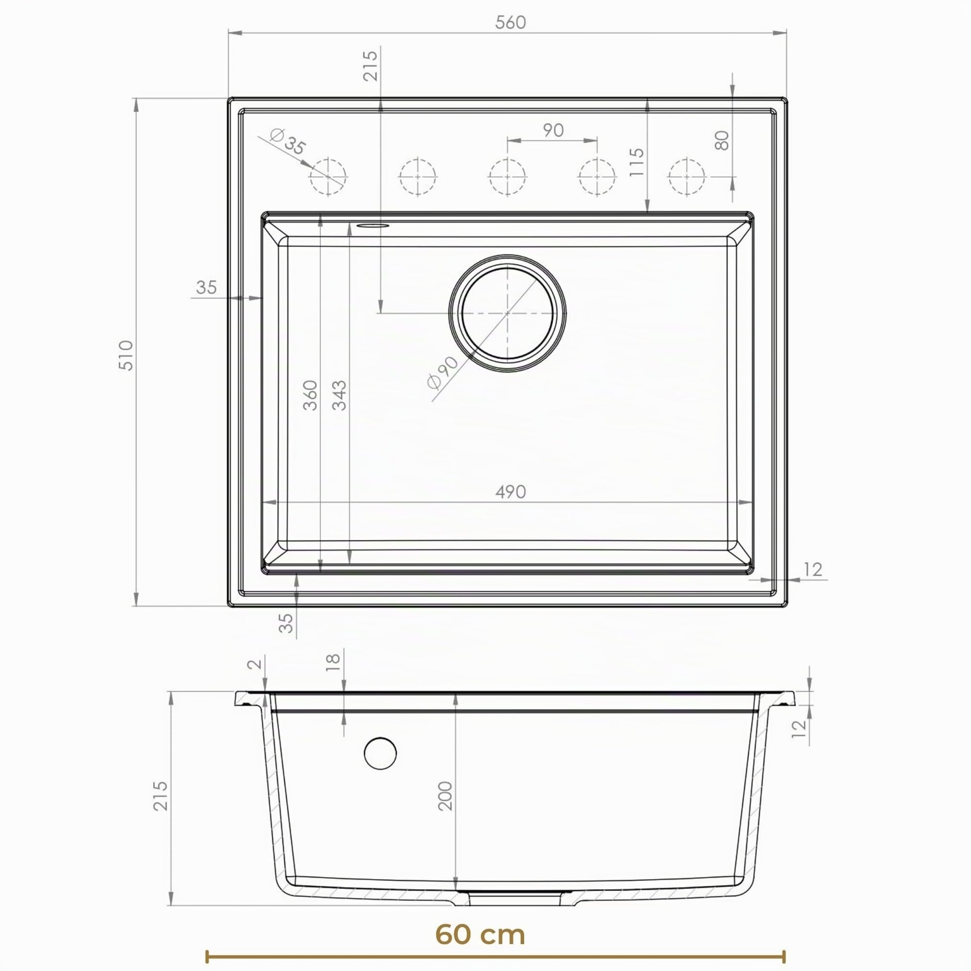 SINK QUALITY Spülbecken Alles Schwarz 56x51cm - Granitspüle mit Siphon Schwarz und Imprägnierung - Spüle für Unterschränke ab 60 cm Breite - Einzelbecken Einbauspüle - Waschbecken für Küche