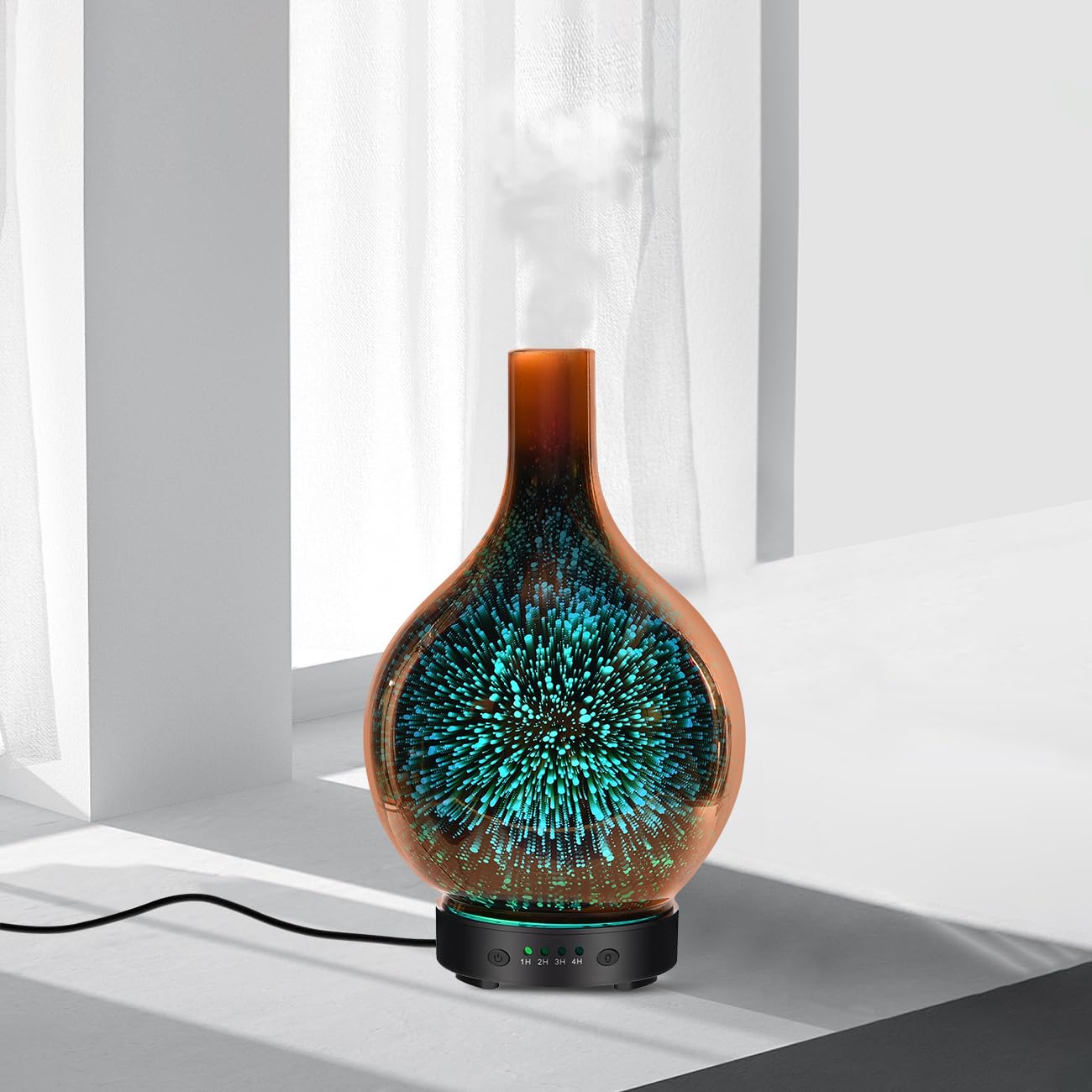 Diffusore di aromaterapia ad ultrasuoni per oli essenziali con vetro fatto a mano, bisfenolo A, spegnimento automatico senza acqua, 4 impostazioni timer, 7 opzioni di luce LED variabili