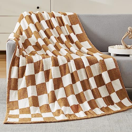 Image of WRENSONGE Checkered Throw Blanket, Burnt Orange Microfiber Soft Cozy Fluffy Warm Hand Made Throw Blankets for Couch, Sofa, Chair, Bed, Camping, Picnic, Travel Lightweight Bed Blanket - 50"*70"