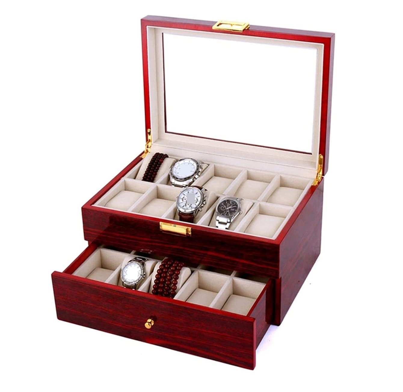 QUSYZD Watch Case Watch Roll Wood 20 Slots Watch Box Organizer Bracelet Display Holder Metal Hinge Clear Top Lockable Storage Case Watch Box Watch Winder,