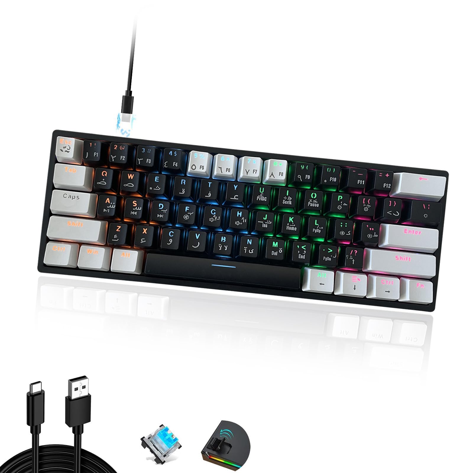 Rightsure 60% Mechanical Gaming Keyboard, 61 Keys Wired Gaming Keyboard Arabic English with Compact Waterproof RGB Backlit Hot Swap USB-C Blue Switch for PC Computer Gamer (Black White)