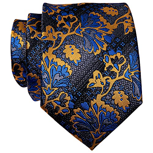Image of YourTies Gold Blue Ties for Men Silk Floral Men's Necktie Woven Jacquard Formal Business Party Wedding Designer