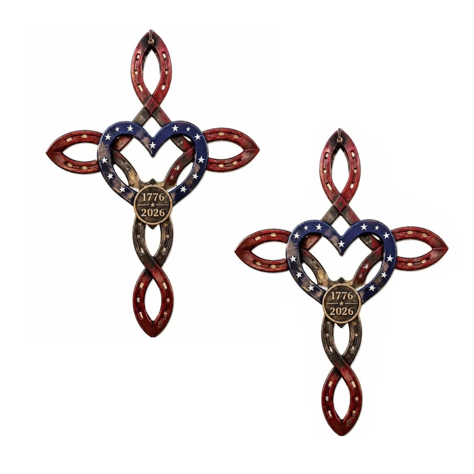 GUUZETU Us America 250th Rustic Horseshoe Cross Decor, 1776-2026 Patriotic Farmhouse Wall Hanging, Vintage American Flag Cross Decoration, Farmhouse Porch Sign for Fourth of July, Front Door (2pcs)