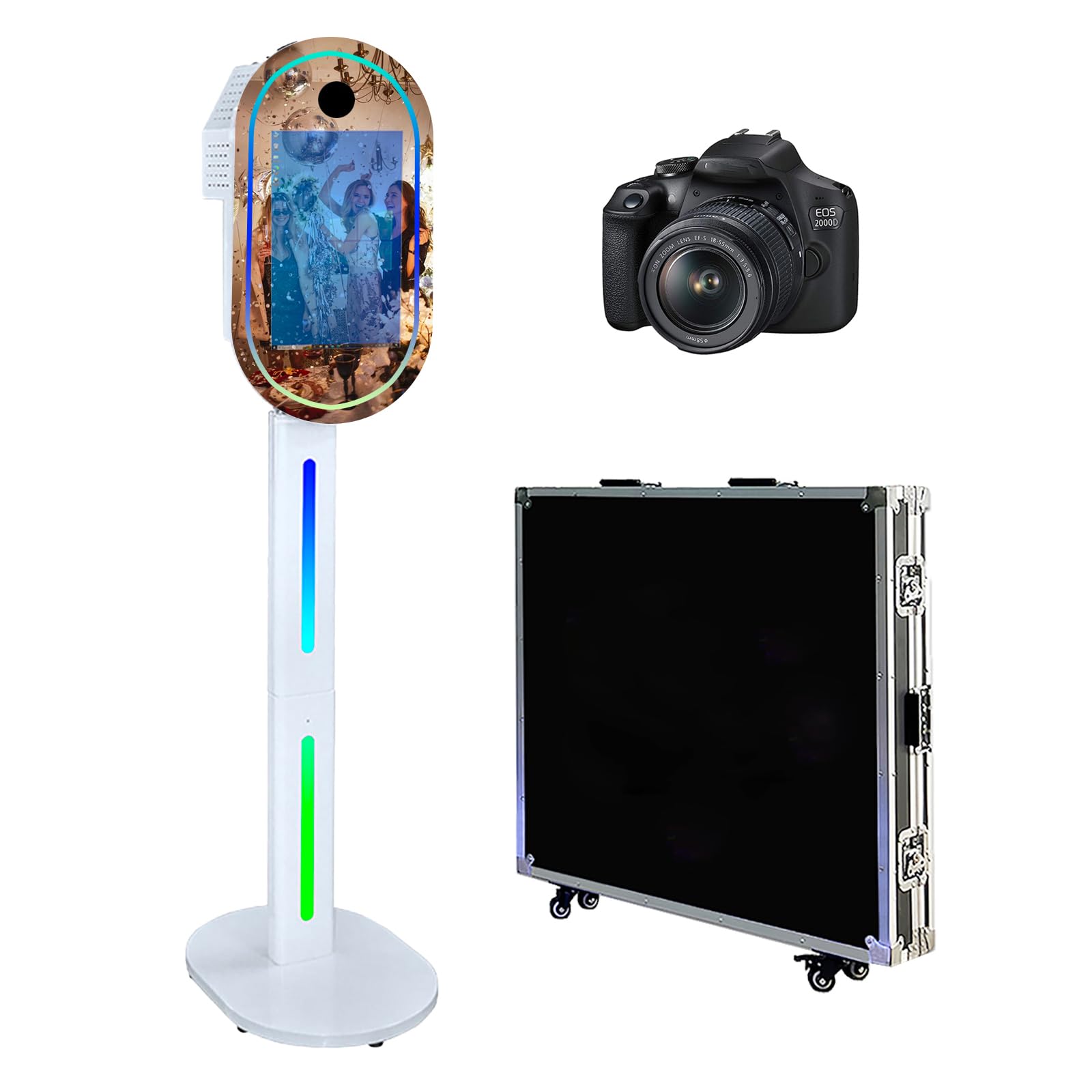 15.6 Inch Portable Mirror Photo Booth with RGB Light,Magic Mirror Shell Stand Selfie Photobooth Machine Touch Screen with Flight Case for Party (White, Photo Booth+Camera)