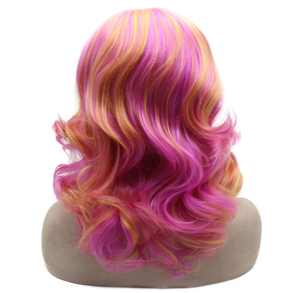 MX angel Shoulder Length Pink With Yellow Highlights Synthetic Lace front Cosplay Wig