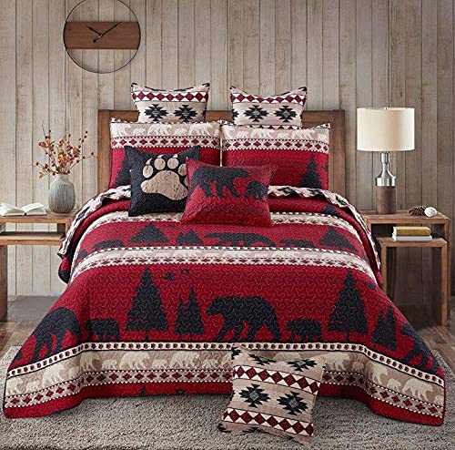Virah Bella 3 Piece Full/Queen Cabin Quilt Bedding Set - Creekside Bear - Rustic Country Reversible Patchwork Comforter Set with Decorative Pillow
