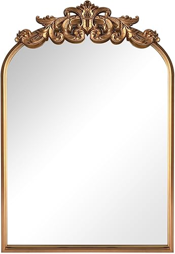 Miniatura 9 de WAMIRRO Espejo dorado adornado, espejo antiguo arqueado vintage barroco para sala de estar, pasillo, chimenea, baño, entrada, 19 x 27 pulgadas