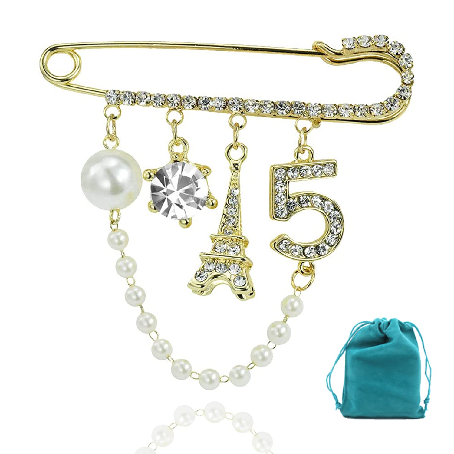 CozyHousePearl Brooch Pins for Women Ladies, Vintage Number Five Lapel Pin Brooches Accessories, Corsage Scarf Pins Rhinestones Jewelry Breastpin with Hanging Pearl Chain for Wedding Banquet Bouquet