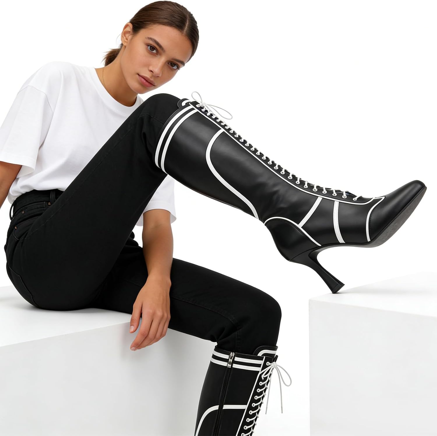 Alsoloveu Womens Knee High Boots Square Toe Kitten Heel Long Boots Casual Side Zipper Tall Boot