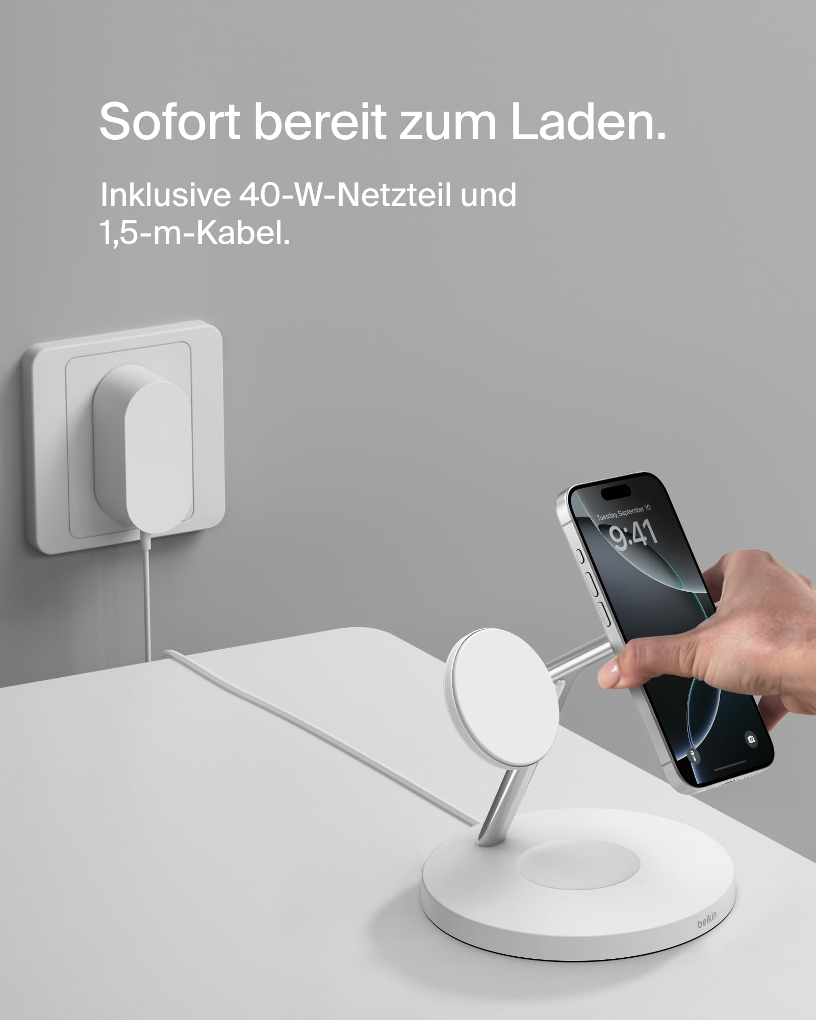 Belkin BoostCharge Pro 3-in-1 Qi2 Kabelloses Ladegerät, MagSafe-Kompatibles Ladegerät, Induktive Ladestation für die Apple iPhone 17, Air, 16, Pixelsnap, Apple Watch, AirPods, inkl. Netzteil – Weiß